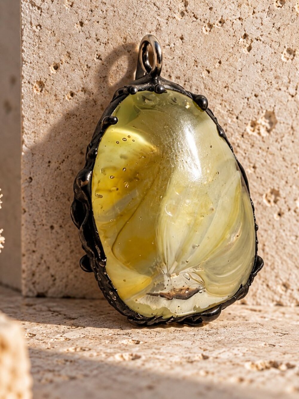 Vintage Electroformed Art Glass Pendant - Swirled Yellow Cream Glass Cabochon Ne